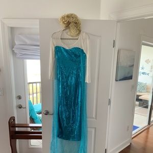 Elsa Frozen Costume,  blonde braided wig and matching large blue sparkle sandals